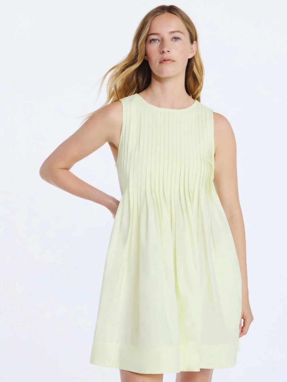 Free Assembly Pleated Mini Dress Light Yellow Sleeveless A-Line NWT